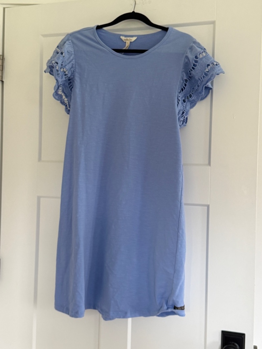 Matilda Jane Light Blue Knit Dress with Crochet Flutter Sleeves